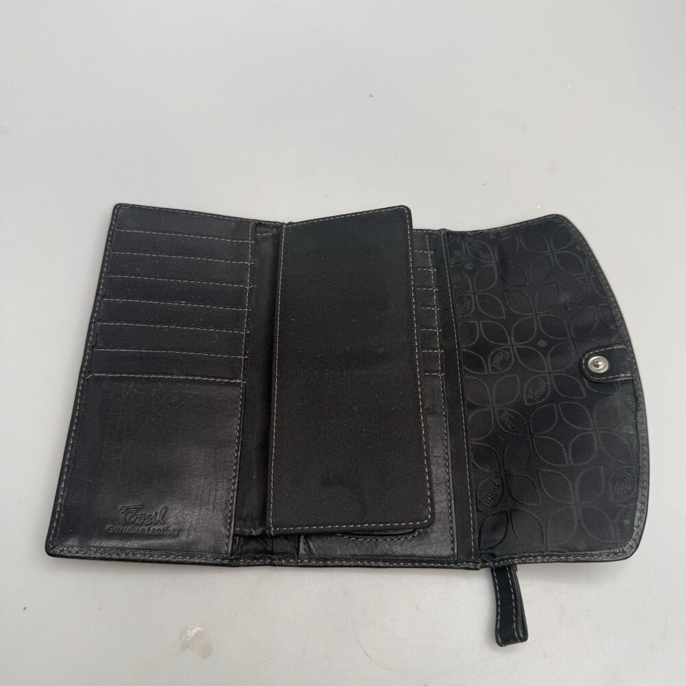 Fossil Black Leather Long Checkbook Card Holder Organizer Wallet Billfold - Picture 4 of 16